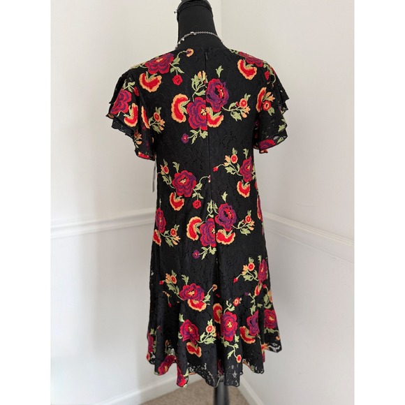 NEW Eva Franco Boho Romantic Black Lace Dress Vibrant Floral Embroidery size M - Picture 2 of 10